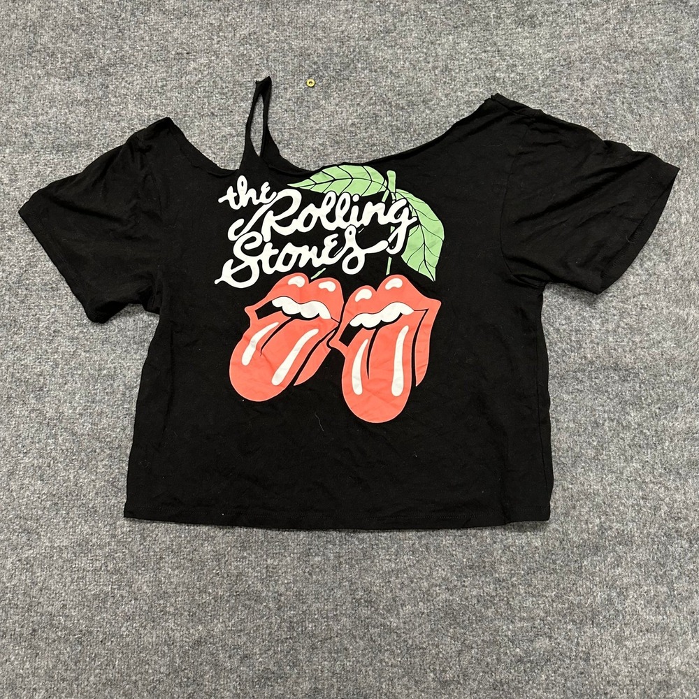 The Rolling Stones Graphic Tee Womens Size XL Black Cold Shoulder Crop Top Shirt